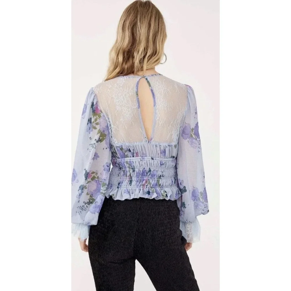 Free People Daphne Blouse Women's Size XS Silver Blue Combo Smocked Hem NWT